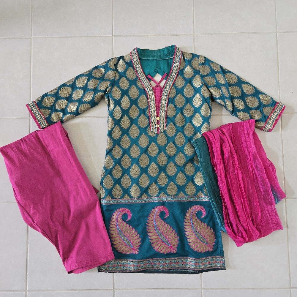 3 piece Sz M ready to wear salwar Banarasi kameez 3/4 sleeve Green Gold Pink